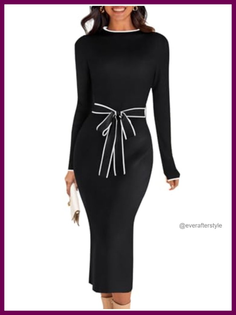 Women's Long Sleeve Bodycon Tie Waist Midi Sweater Dress Ribbed Knit